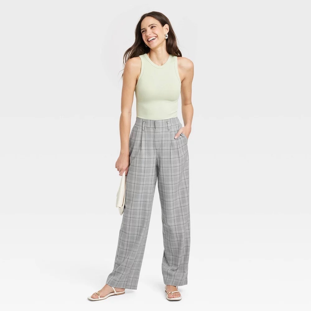 a new day Wide Leg Plaid Pants in Light Gray